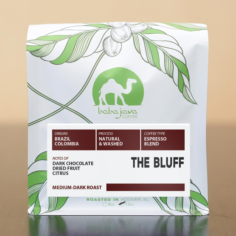 Babajava Coffee package with branding and product details on a beige background. This bag is the Bluff blend.