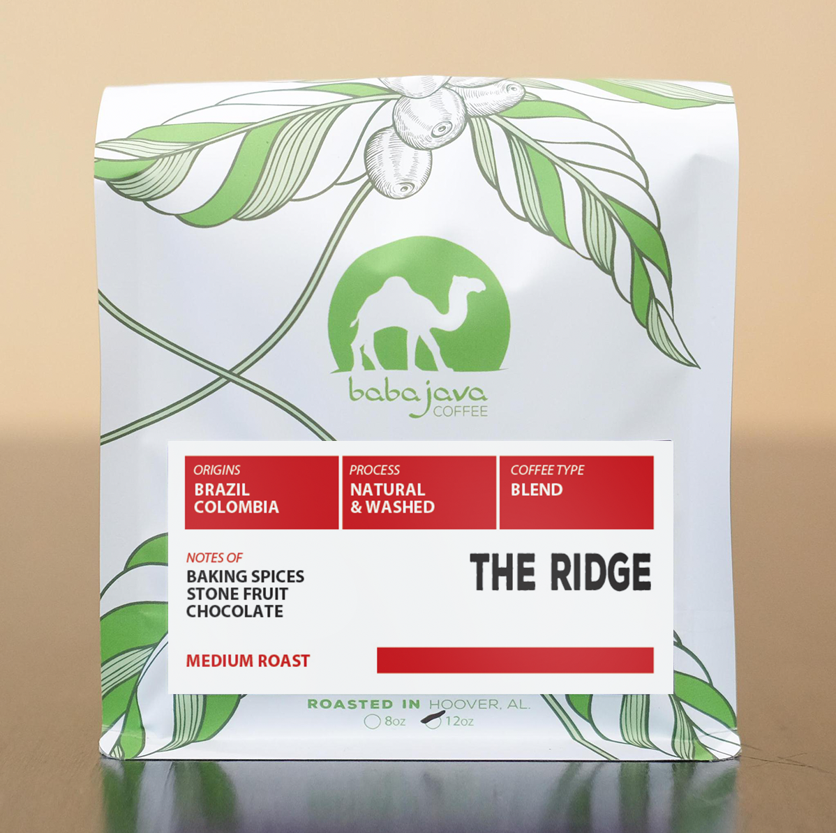 Babajava Coffee package with green and white design on a beige background. This is the Ridge Blend.